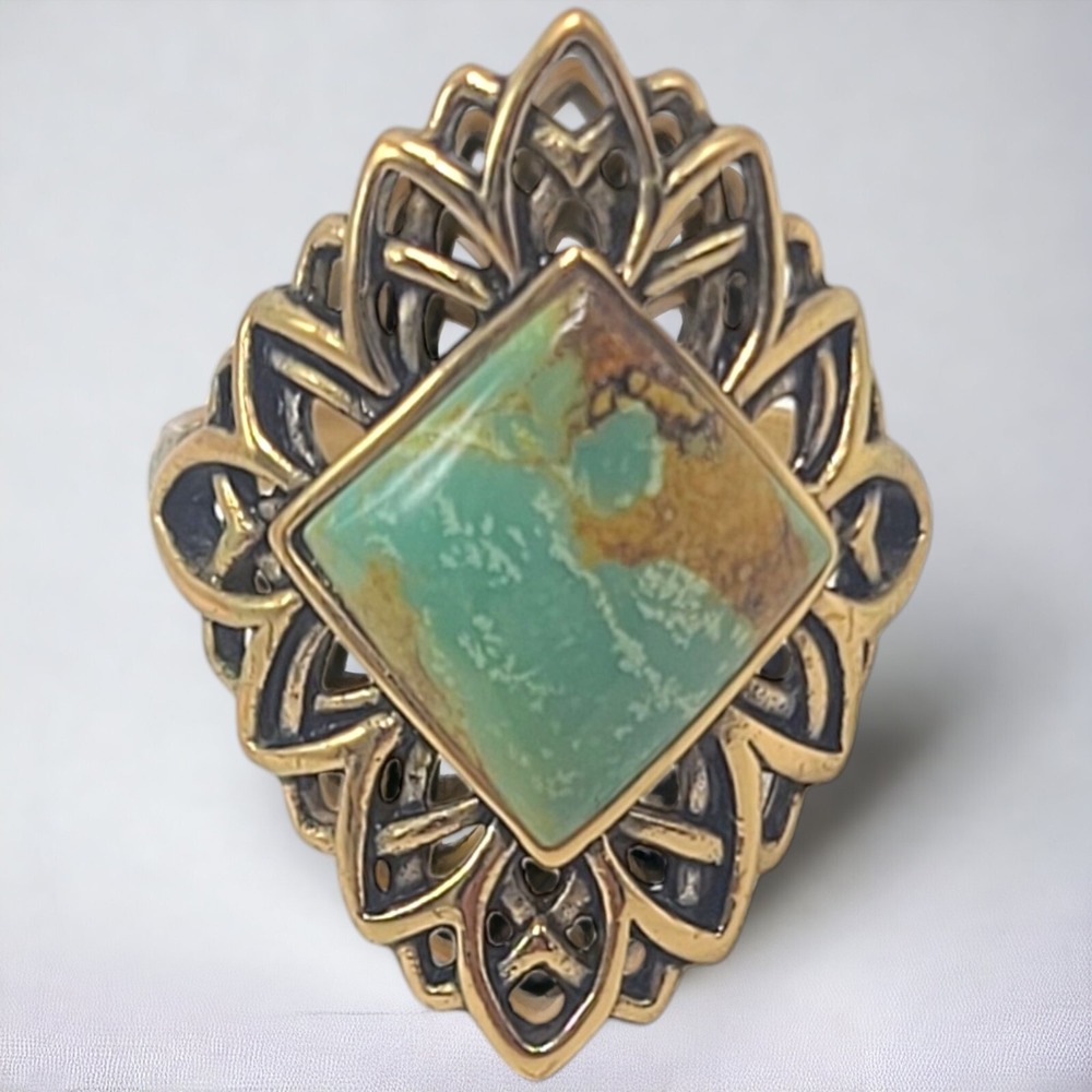 Barse Turquoise Ring Bronzed Brass Green Size 11.5 Filigree Open Work Statement